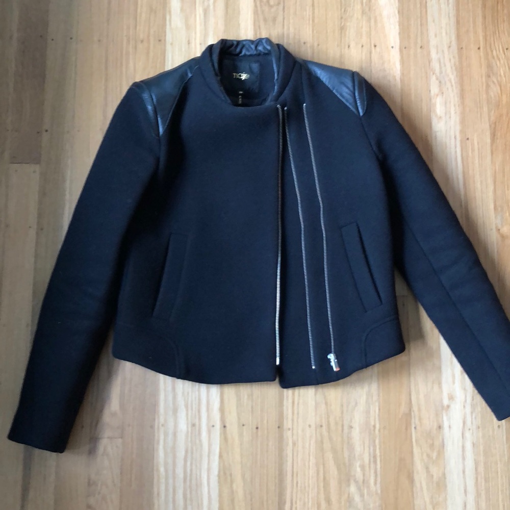 Maje asymmetric jacket with leather trim
